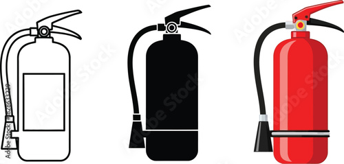 Fire extinguisher vector set in outline silhouette and color for safety and emergency response design