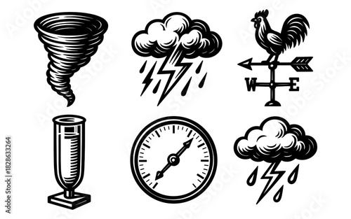Weather forecast icons set featuring tornado, lightning, rain, and wind elements in vintage style