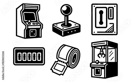 Retro arcade gaming icons collection with joystick and claw machine in monochrome