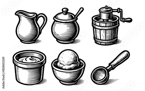 Vintage engraving of kitchen elements including butter churn and ice cream scoop
