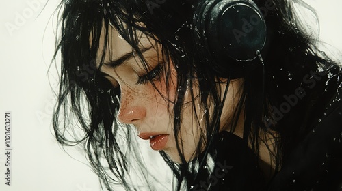 Young Woman with Freckles Wearing Headphones and Wet Hair