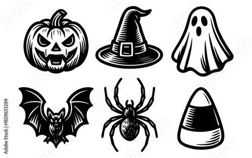 Spooky halloween icons: pumpkin, witch hat, ghost, bat, spider, candy corn decor