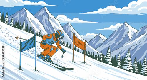 Downhill skier cartoon illustration in the alpine mountains scenery on sunny winter day
