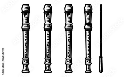 Engraved style wooden recorders and cleaning rod in black and white