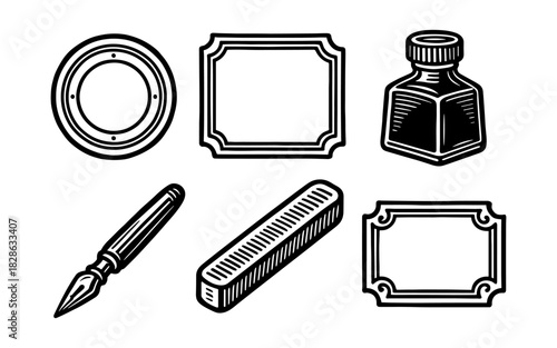 Vintage engraving style borders and inkwell with fountain pen and eraser