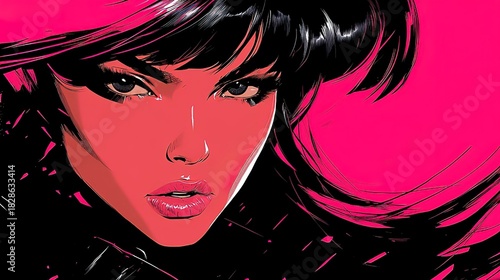 Illustration of a Stylish Woman with Flowing Hair and Bold Pink Background