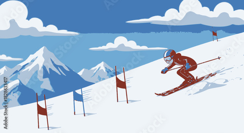 Stylized Downhill Skier Artwork Scene on Snowy Mountain with Blue Sky