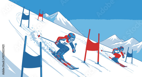 Stylized Alpine Skiing Slalom Race Illustration in Blue and Red