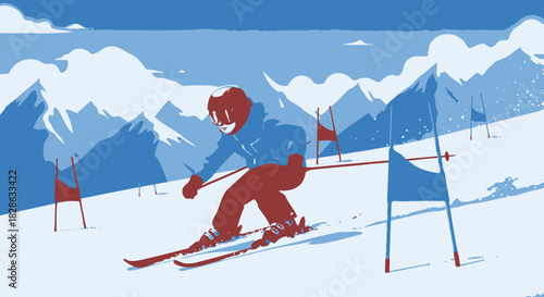 Downhill skier racing slalom on snow mountain graphic illustration