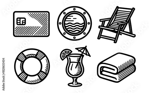 Nautical theme line art: relaxing symbols of summer vacation and leisure