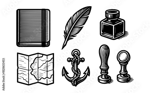 Vintage nautical set: anchor, quill, map, and inkwell in classic black and white