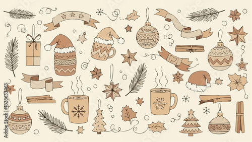 Hand drawn christmas elements featuring ornaments, mugs, ribbons, and festive decorations artfully arranged