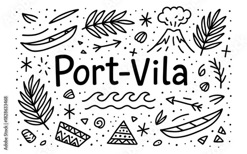 Port vila doodle style design with tropical and volcanic elements