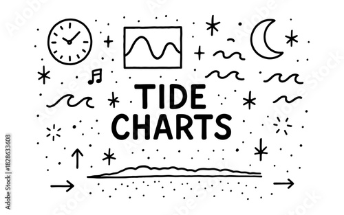 Hand drawn tide chart elements with waves, moon, and stars