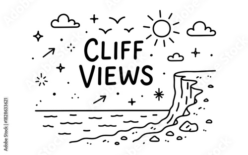 Minimalist coastal cliff scene with sun and clouds in line art style