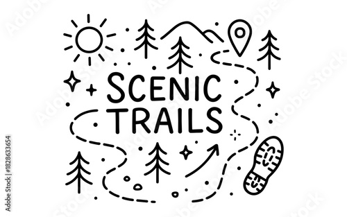 Scenic trails outline design with nature elements and symbols