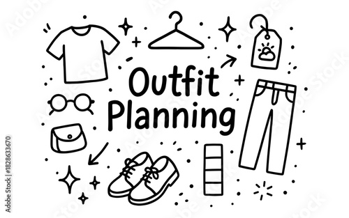 Doodle style fashion elements with text: outfit planning