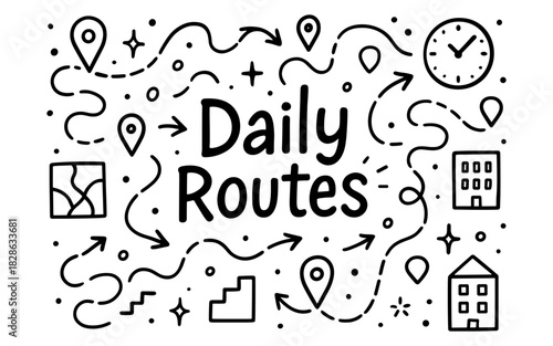 Monochrome travel route concepts with location and navigation icons