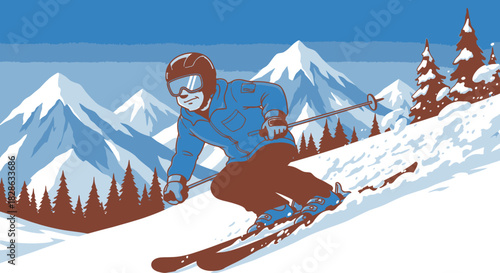 Cartoon Skier Descending Snowy Slope with Mountain Backdrop Illustration