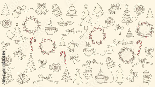 Hand drawn christmas elements seamless pattern with trees wreaths bells and candy canes holiday themed design