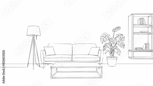 A living room interior sketch featuring a sofa, floor lamp, table, plant, and bookshelf design idea