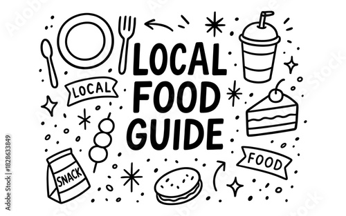 Hand-drawn local food guide with snacks, drinks, and desserts