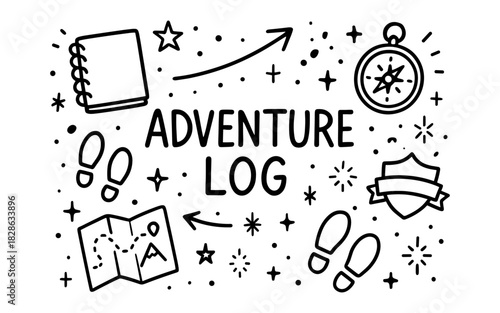 Adventure log doodle with compass, map, and footprints icons
