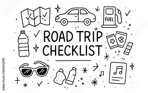 Road trip essentials checklist in doodle art style