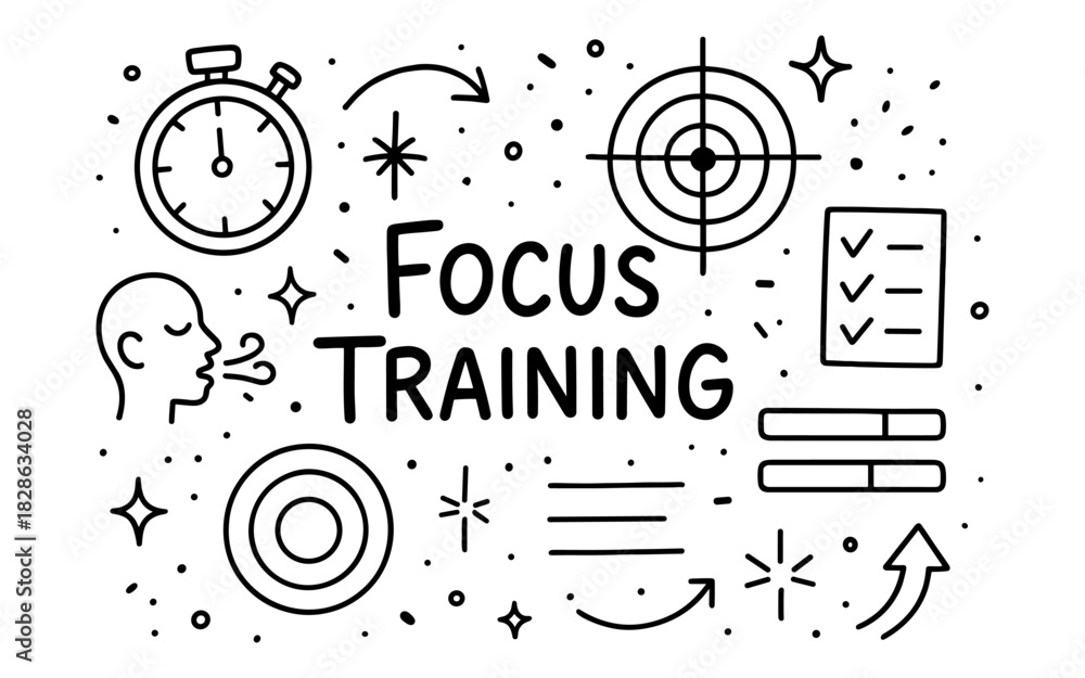Obraz premium Focus training concept with doodles of targets and timers in linear style