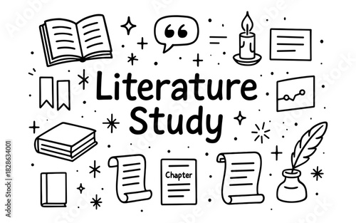 Black and white literature study concept with books, candle, and quill