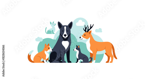 Playful animal friends gathered together create a heartwarming scene, perfect for children's books and illustrations, exuding joy and friendship among nature lovers