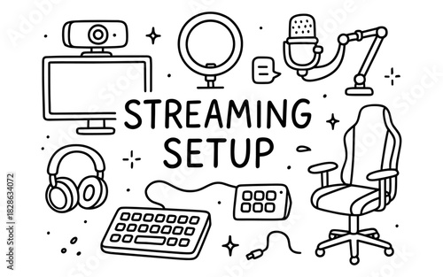 Minimalist streaming setup: line art of modern gaming and podcast equipment