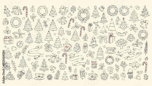 Hand drawn christmas elements including trees wreaths bells gifts and candy canes in a festive holiday pattern
