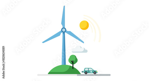 Sustainable energy solutions powering a brighter future with wind turbine, sun, and electric car, illustrating eco-friendly technology and environmental consciousness
