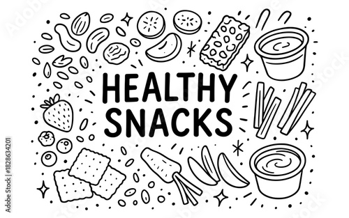 Healthy snacks doodle art design with nuts, fruits, and dips