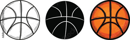 Basketball ball vector set outline black silhouette and color illustration isolated on white background