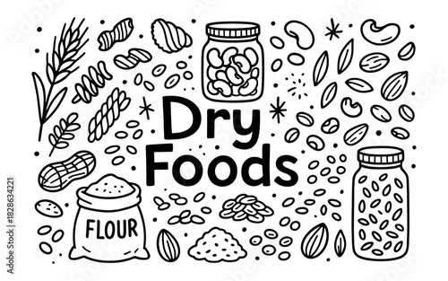 Hand drawn elements: diverse dry foods and grains collection