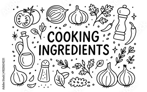 Hand-drawn cooking ingredients with herbs and spices in black and white
