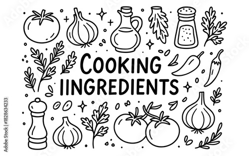 Hand-drawn cooking ingredients collection with outline style