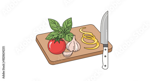 Fresh ingredients ready for cooking authentic Italian cuisine with vibrant basil, tomato, garlic, lemon zest, and chef's knife on a wooden board
