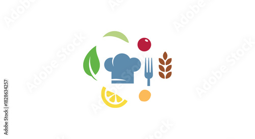 Fresh ingredients create culinary delight: A chef's hat surrounded by vibrant fruits, vegetables, and grain inspires healthy eating and delicious recipes