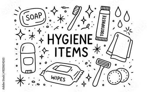Doodle style hygiene items: soap, toothpaste, razor, and more