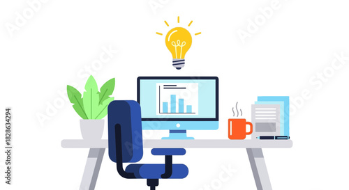 Modern workspace with bright idea bulb, computer showing graph, and coffee cup, perfect for illustrating productivity, creativity, and business solutions