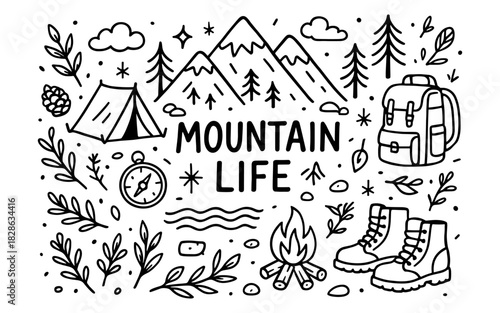 Adventure and camping doodle elements with mountains, tent, and campfire