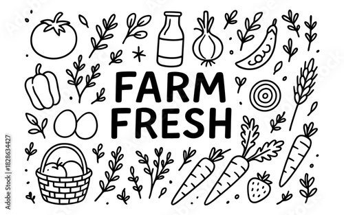 Farm fresh produce doodle with vegetables and fruits in a hand-drawn style