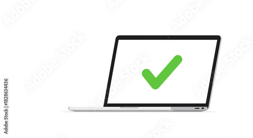 Modern laptop displaying a vibrant green checkmark, perfect for illustrating success, approval, or task completion in technology and business projects