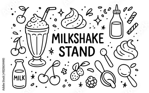 Milkshake stand elements in black and white doodle style