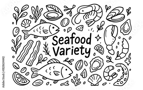 Hand drawn seafood variety with fish, shrimp, and shellfish in doodle style