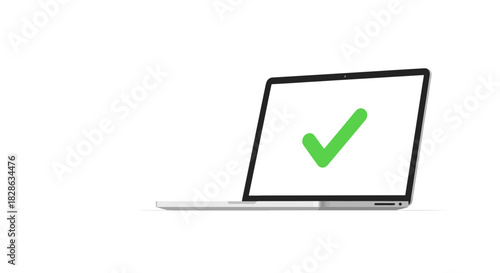 Modern laptop displaying a bold green checkmark, symbolizing success, approval, or task completion in a clean, digital aesthetic perfect for business visuals