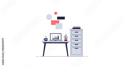 Modern home office setup with laptop showing business growth charts, coffee, and minimalist decor creates a productive workspace feel for remote work success